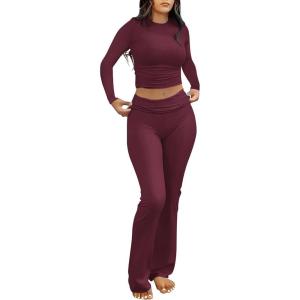 imageANRABESS Women 2 Piece Outfits Lightweight Lounge Sets Long Sleeve Cropped Top Foldover Flare Pants Pajamas Set Y2K ClothesBrown Red