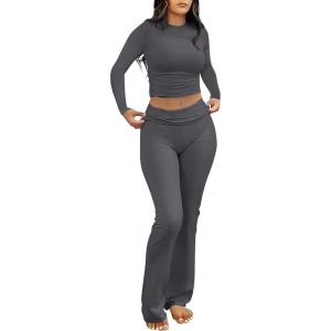imageANRABESS Women 2 Piece Outfits Lightweight Lounge Sets Long Sleeve Cropped Top Foldover Flare Pants Pajamas Set Y2K ClothesDeep Grey