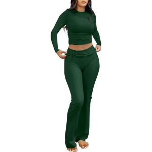 imageANRABESS Women 2 Piece Outfits Lightweight Lounge Sets Long Sleeve Cropped Top Foldover Flare Pants Pajamas Set Y2K ClothesGrass