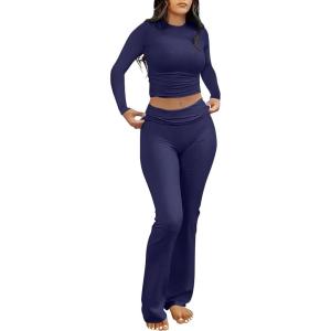 imageANRABESS Women 2 Piece Outfits Lightweight Lounge Sets Long Sleeve Cropped Top Foldover Flare Pants Pajamas Set Y2K ClothesNavy Blue