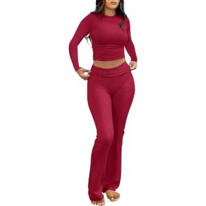 imageANRABESS Women 2 Piece Outfits Lightweight Lounge Sets Long Sleeve Cropped Top Foldover Flare Pants Pajamas Set Y2K ClothesRed