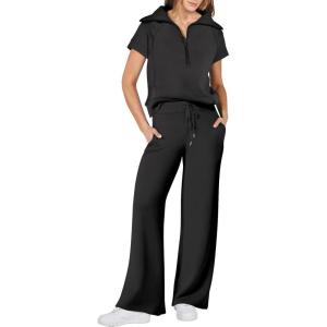 imageANRABESS Women 2 Piece Outfits Sweatsuit Summer Half Zip Sweatshirt Wide Leg Pant Sweat Lounge Set Athletic TracksuitsBlack
