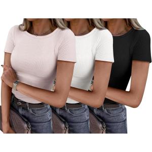 imageANRABESS Women Short Sleeve Shirts Rib Knit Slim Fitted Summer Basic Tee Tops 2025 Underwear Outfits Clothes 3 PackBlackwhitebeige