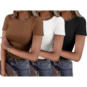 imageANRABESS Women Short Sleeve Shirts Rib Knit Slim Fitted Summer Basic Tee Tops 2025 Underwear Outfits Clothes 3 PackBlackwhitecoffee