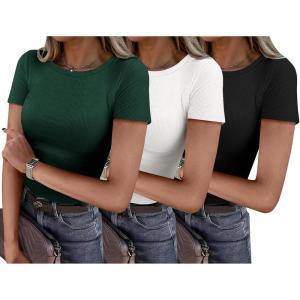 imageANRABESS Women Short Sleeve Shirts Rib Knit Slim Fitted Summer Basic Tee Tops 2025 Underwear Outfits Clothes 3 PackBlackwhitedark Green