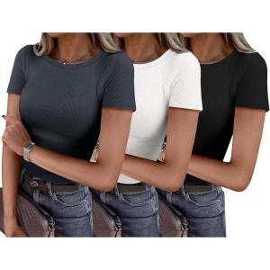 imageANRABESS Women Short Sleeve Shirts Rib Knit Slim Fitted Summer Basic Tee Tops 2025 Underwear Outfits Clothes 3 PackBlackwhitegray