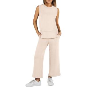 imageANRABESS Womens 2 Piece Sets Summer Outfits Sleeveless Wide Leg Tracksuits Casual Sweat Sets Lounge SweatsuitsBeige