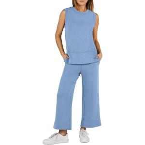 imageANRABESS Womens 2 Piece Sets Summer Outfits Sleeveless Wide Leg Tracksuits Casual Sweat Sets Lounge SweatsuitsBlue