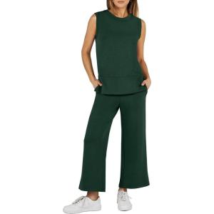 imageANRABESS Womens 2 Piece Sets Summer Outfits Sleeveless Wide Leg Tracksuits Casual Sweat Sets Lounge SweatsuitsDeep Green