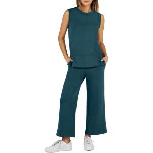 imageANRABESS Womens 2 Piece Sets Summer Outfits Sleeveless Wide Leg Tracksuits Casual Sweat Sets Lounge SweatsuitsLake Green