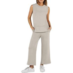 imageANRABESS Womens 2 Piece Sets Summer Outfits Sleeveless Wide Leg Tracksuits Casual Sweat Sets Lounge SweatsuitsLight Beige