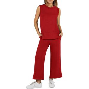 imageANRABESS Womens 2 Piece Sets Summer Outfits Sleeveless Wide Leg Tracksuits Casual Sweat Sets Lounge SweatsuitsRed