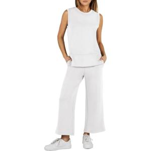 imageANRABESS Womens 2 Piece Sets Summer Outfits Sleeveless Wide Leg Tracksuits Casual Sweat Sets Lounge SweatsuitsWhite