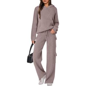 imageANRABESS Womens Two Piece Outfits Casual Knit Hooded Sweater Straight Leg Pants Set 2025 Fall Lounge Travel ClothesKhaki