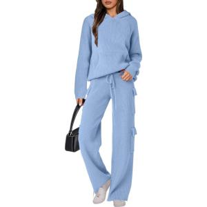imageANRABESS Womens Two Piece Outfits Casual Knit Hooded Sweater Straight Leg Pants Set 2025 Fall Lounge Travel ClothesLight Blue