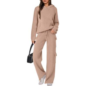 imageANRABESS Womens Two Piece Outfits Casual Knit Hooded Sweater Straight Leg Pants Set 2025 Fall Lounge Travel ClothesLight Camel