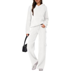 imageANRABESS Womens Two Piece Outfits Casual Knit Hooded Sweater Straight Leg Pants Set 2025 Fall Lounge Travel ClothesWhite