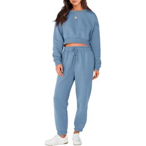 imageANRABESS Womens Two Piece Outfits Long Sleeve Crop Sweatshirt and Jogger Pants Lounge Sweatsuit Sets Tracksuit with PocketsDeep Blue