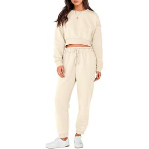 imageANRABESS Womens Two Piece Outfits Long Sleeve Crop Sweatshirt and Jogger Pants Lounge Sweatsuit Sets Tracksuit with PocketsKhaki