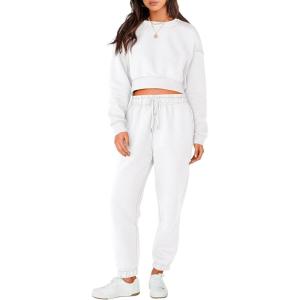 imageANRABESS Womens Two Piece Outfits Long Sleeve Crop Sweatshirt and Jogger Pants Lounge Sweatsuit Sets Tracksuit with PocketsWhite