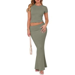 imageANRABESS Skirt Sets for Women 2 Piece Outfits 2025 Summer Crop Top Fold Over Maxi Skirt Set Going Out Dress Casual TrendyArmy Green