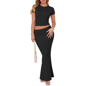 imageANRABESS Skirt Sets for Women 2 Piece Outfits 2025 Summer Crop Top Fold Over Maxi Skirt Set Going Out Dress Casual TrendyBlack