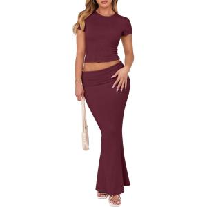 imageANRABESS Skirt Sets for Women 2 Piece Outfits 2025 Summer Crop Top Fold Over Maxi Skirt Set Going Out Dress Casual TrendyBurgundy