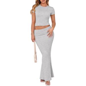 imageANRABESS Skirt Sets for Women 2 Piece Outfits 2025 Summer Crop Top Fold Over Maxi Skirt Set Going Out Dress Casual TrendyGrey
