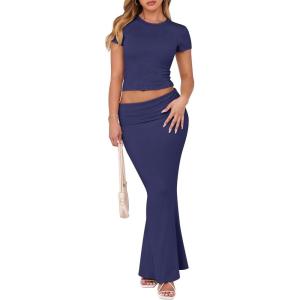 imageANRABESS Skirt Sets for Women 2 Piece Outfits 2025 Summer Crop Top Fold Over Maxi Skirt Set Going Out Dress Casual TrendyNavy Blue