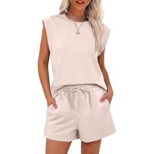 imageANRABESS Two Piece Sets for Women Summer Lounge Set Casual Cap Sleeve Crewneck Tops and Drawstring Short Outfits TracksuitAlmond