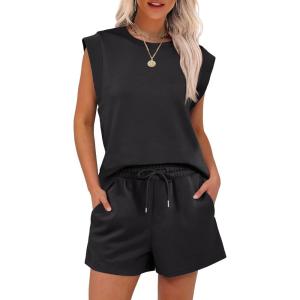 imageANRABESS Two Piece Sets for Women Summer Lounge Set Casual Cap Sleeve Crewneck Tops and Drawstring Short Outfits TracksuitBlack