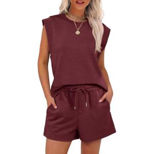 imageANRABESS Two Piece Sets for Women Summer Lounge Set Casual Cap Sleeve Crewneck Tops and Drawstring Short Outfits TracksuitBurgundy