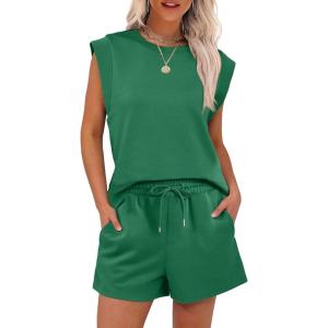 imageANRABESS Two Piece Sets for Women Summer Lounge Set Casual Cap Sleeve Crewneck Tops and Drawstring Short Outfits TracksuitDeep Green