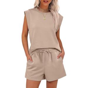imageANRABESS Two Piece Sets for Women Summer Lounge Set Casual Cap Sleeve Crewneck Tops and Drawstring Short Outfits TracksuitKhaki