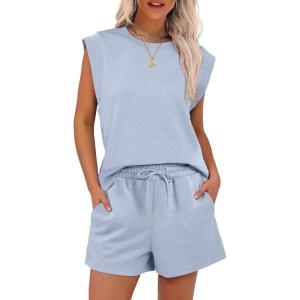imageANRABESS Two Piece Sets for Women Summer Lounge Set Casual Cap Sleeve Crewneck Tops and Drawstring Short Outfits TracksuitLight Blue