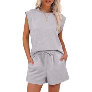 imageANRABESS Two Piece Sets for Women Summer Lounge Set Casual Cap Sleeve Crewneck Tops and Drawstring Short Outfits TracksuitLight Grey