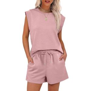 imageANRABESS Two Piece Sets for Women Summer Lounge Set Casual Cap Sleeve Crewneck Tops and Drawstring Short Outfits TracksuitLight Pink