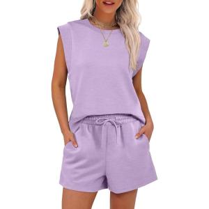 imageANRABESS Two Piece Sets for Women Summer Lounge Set Casual Cap Sleeve Crewneck Tops and Drawstring Short Outfits TracksuitLight Purple