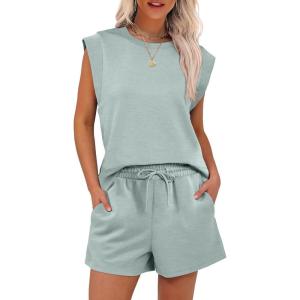 imageANRABESS Two Piece Sets for Women Summer Lounge Set Casual Cap Sleeve Crewneck Tops and Drawstring Short Outfits TracksuitMint Green