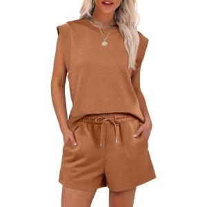 imageANRABESS Two Piece Sets for Women Summer Lounge Set Casual Cap Sleeve Crewneck Tops and Drawstring Short Outfits TracksuitRust