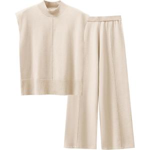 imageANRABESS Women 2 Piece Outfits Mock Neck Sweater Vests Wide Leg Pants Lounge Matching Set Summer Vacation Travel ClothingBeige