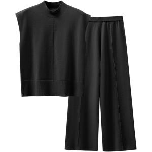 imageANRABESS Women 2 Piece Outfits Mock Neck Sweater Vests Wide Leg Pants Lounge Matching Set Summer Vacation Travel ClothingBlack