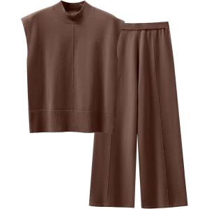 imageANRABESS Women 2 Piece Outfits Mock Neck Sweater Vests Wide Leg Pants Lounge Matching Set Summer Vacation Travel ClothingCoffee