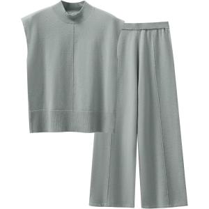 imageANRABESS Women 2 Piece Outfits Mock Neck Sweater Vests Wide Leg Pants Lounge Matching Set Summer Vacation Travel ClothingGrey Green