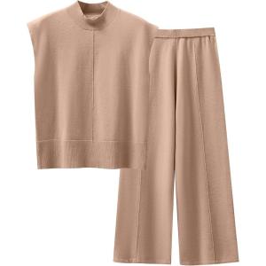 imageANRABESS Women 2 Piece Outfits Mock Neck Sweater Vests Wide Leg Pants Lounge Matching Set Summer Vacation Travel ClothingLight Camel