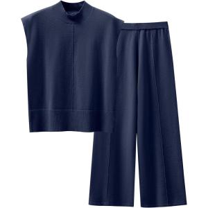 imageANRABESS Women 2 Piece Outfits Mock Neck Sweater Vests Wide Leg Pants Lounge Matching Set Summer Vacation Travel ClothingNavy Blue