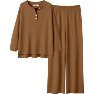 imageANRABESS Women 2 Piece Outfits Oversized Loose Waffle Knit Sweater Set 2025 Fall Trendy Matching Lounge Sets Cozy ClothesBrown