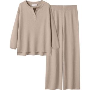 imageANRABESS Women 2 Piece Outfits Oversized Loose Waffle Knit Sweater Set 2025 Fall Trendy Matching Lounge Sets Cozy ClothesKhaki