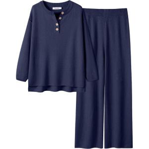 imageANRABESS Women 2 Piece Outfits Oversized Loose Waffle Knit Sweater Set 2025 Fall Trendy Matching Lounge Sets Cozy ClothesNavy Blue