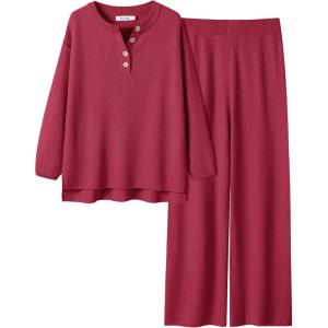 imageANRABESS Women 2 Piece Outfits Oversized Loose Waffle Knit Sweater Set 2025 Fall Trendy Matching Lounge Sets Cozy ClothesRed